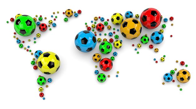 Colorful Soccer Balls Arranged as a World Map on White Background 3D Illustration