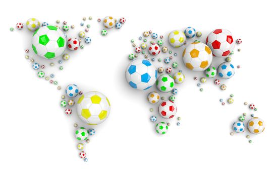 Colorful Soccer Balls Arranged as a World Map on White Background 3D Illustration