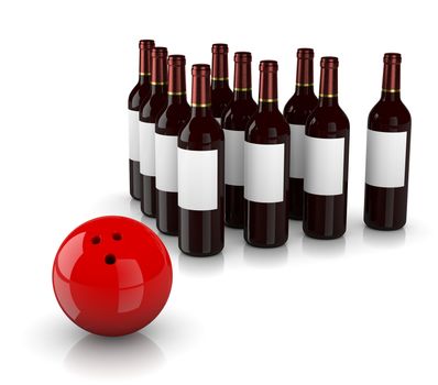 Set of Glass Wine Bottles as Skittles and Bowling Ball  on White Background, Strike Alcoholism Concept
