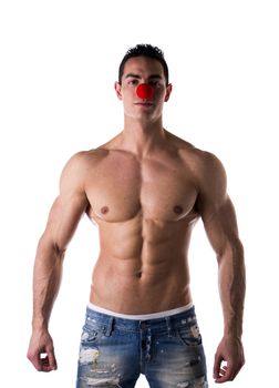 Small Red Ball on Sexy Shirtless Muscular Young Hot Man Nose. Isolated on White Background. Usually Red Ball on Nose are Used by Clowns.
