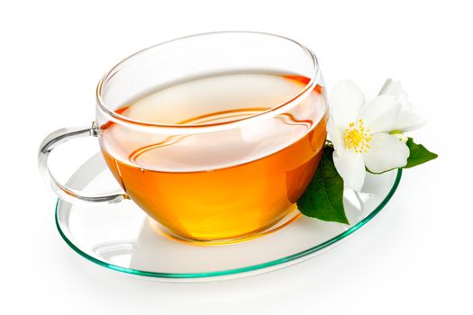 Jasmine tea with jasmine herb flower on white background 