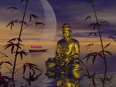 Buddha on the water surrounded with bamboo one evening of full moon