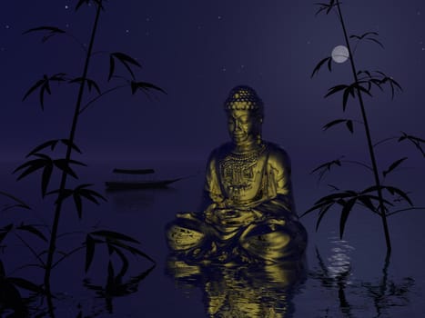 Buddha on the water surrounded with bamboo one evening of full moon