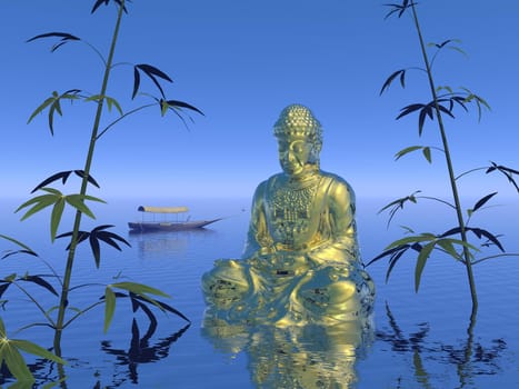 Buddha on the water surrounded with bamboo by sunrise
