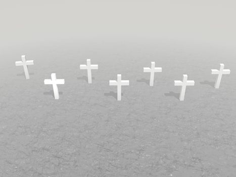 Seven white crosses planted in the ground by snuset