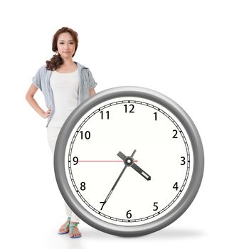 Asian woman push a clock, concept of time.