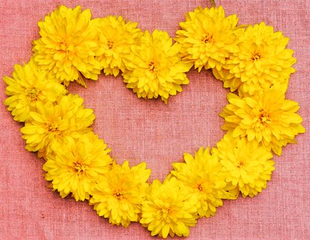 Frame of yellow flowers in the form of heart against a background of pink cloth