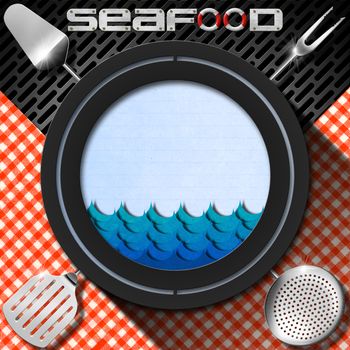 Gray circle with a blank sheet of paper, kitchen utensils, stylized waves, metallic grid and tablecloth. Template for seafood menu
