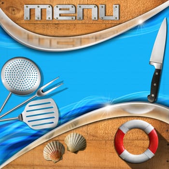 Wooden and blue background with stylized waves, kitchen utensils, seashells, written menu and lifebuoy. Template for recipes or a sea menu 
