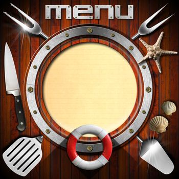 Restaurant wooden menu with metal porthole, yellow empty page, kitchen utensils, seashells, starfish and lifebuoy 