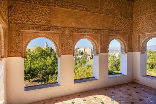 Alhambra Moorish Wall Windows Patterns Designs City View Granada Andalusia Spain.  