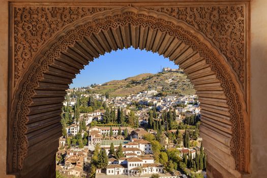 Alhambra Castle Arch Intricade Moorish Designs Cityscape Granada Andalusia Spain  