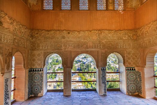 Alhambra Moorish Wall Windows Patterns Designs City View Granada Andalusia Spain.  