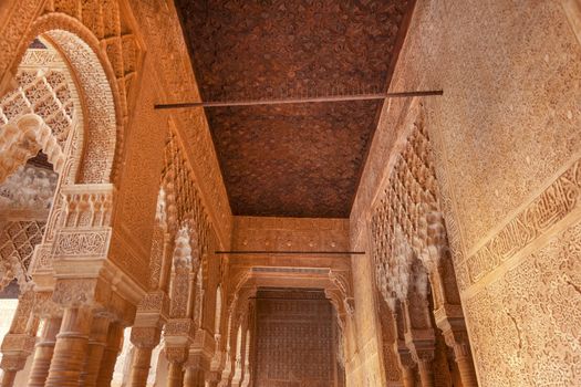 Alhambra Courtyard Arches Moorish Corridorr Wall Windows Patterns Designs Granada Andalusia Spain  