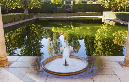 Alhambra Courtyard El Partal Fountain Pool Reflection Granada Andalusia Spain  