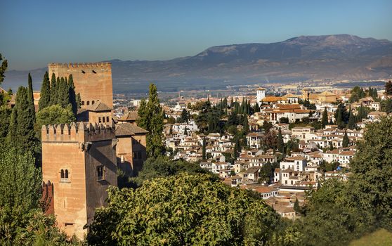 Alhambra Castle Tower Walls Cityscape Churches Granada Andalusia Spain  