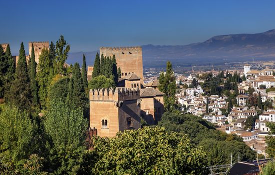 Alhambra Castle Tower Walls Cityscape Churches Granada Andalusia Spain  