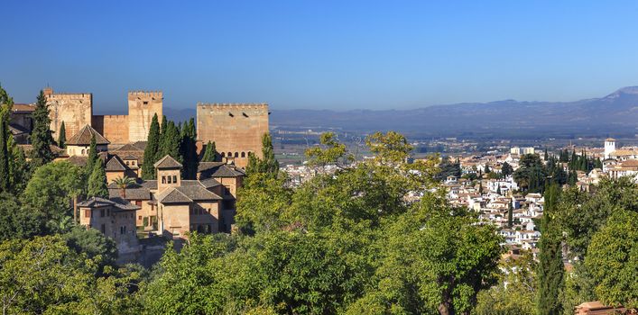 Alhambra Castle Tower Walls Cityscape Churches Granada Andalusia Spain  