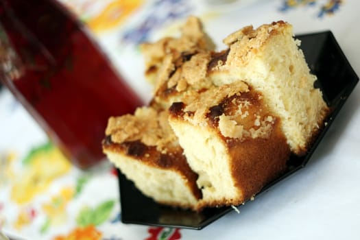 Traditional yeast cake with crumble topping and black currant