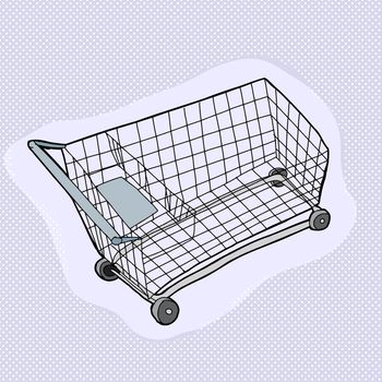 Single hand drawn metal shopping cart over blue