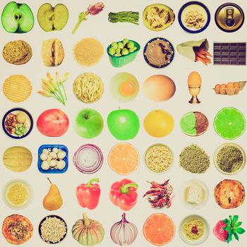 Vintage retro looking Collage of food isolated over white background