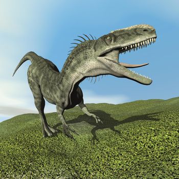 Monolophosaurus dinosaur walking on the grass by day - 3D render