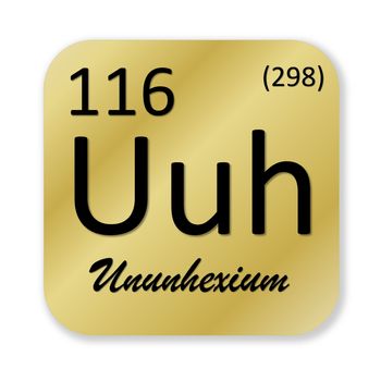 Black ununhexium element into golden square shape isolated in white background