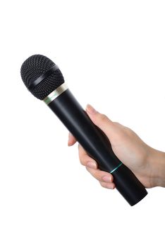 female hand with black microphone isolated on white background