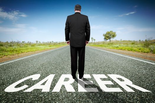 An image of a road to the horizon with text career