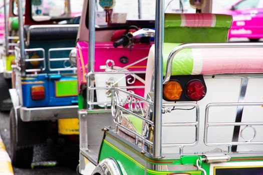 Tuk tuks taxi lined up in Bangkok, Thailand