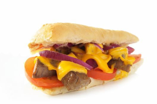 Beef steak sandwich melt over a white background