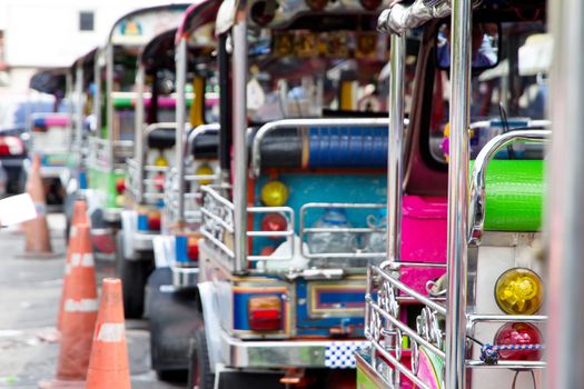 Tuk tuks taxi lined up in Bangkok, Thailand