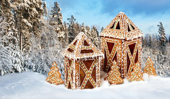 Gingerbread cottages in snowy winter forest scenery