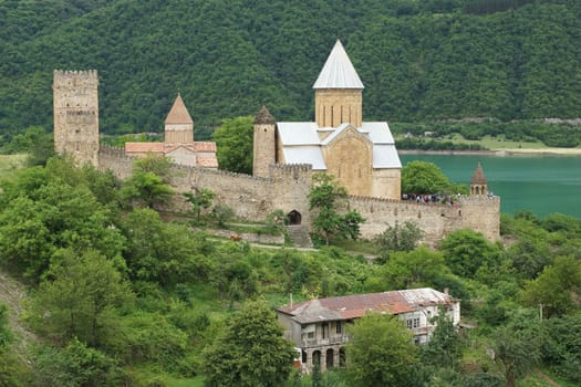 ANANURI, GEORGIA - JUNE 30, 2014: Panorama of Fortress Ananuri on June 30, 2014. The fortress is one of the sights along the Georgian Military Road, Georgia, Europe.