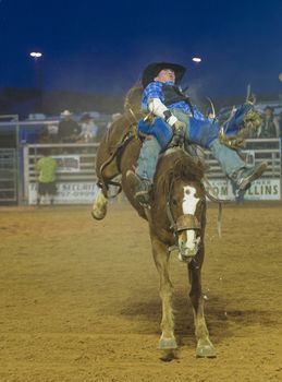 LOGANDALE , NEVADA - APRIL 10 : Cowboy Participating in a Bucking Horse Competition at the Clark County Fair and Rodeo a Professional Rodeo held in Logandale Nevada , USA on April 10 2014 