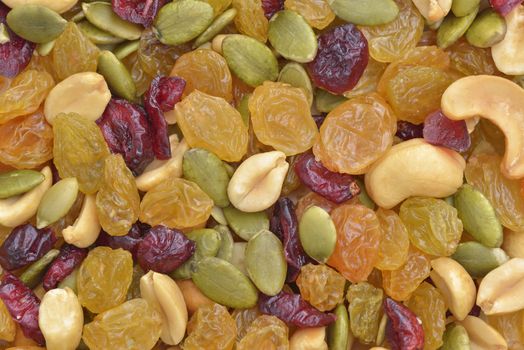 Dried raisin and cranberries, pumpkin seeds and several nuts background.