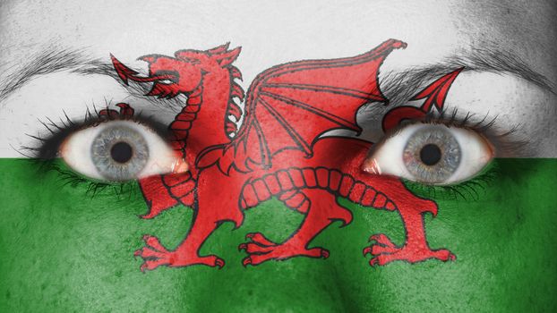 Women eye, close-up, blue eyes, flag of Wales