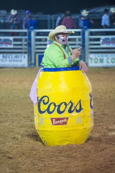 LOGANDALE , NEVADA - APRIL 10 : Rodeo Clown performing in the Clark County Fair and Rodeo a Professional Rodeo held in  Logandale Nevada , USA on April 10 2014 