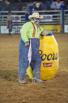 LOGANDALE , NEVADA - APRIL 10 : Rodeo Clown performing in the Clark County Fair and Rodeo a Professional Rodeo held in  Logandale Nevada , USA on April 10 2014 