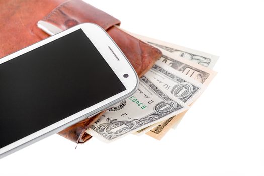 cellphone and money on white, money concept, expensive bill