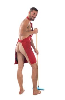 man with cleaning equipment in front of white background