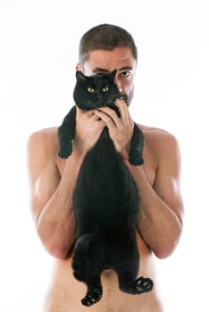 man and black cat in front of white background