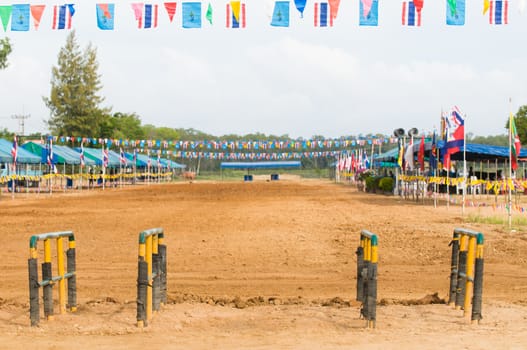 Buffalo race track in Chonburi, Thailand, decorated with flags from Thailand, the Thai Royal Family and the ASEAN countries.