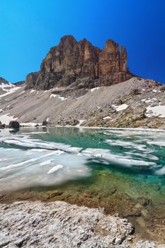 summer view of  Pisciadu lake and Sas de Lech peak in Sella mountain, sudtirol, Italy