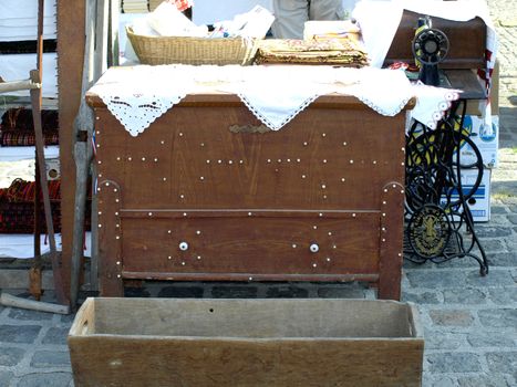 old wooden box on antiques fair        