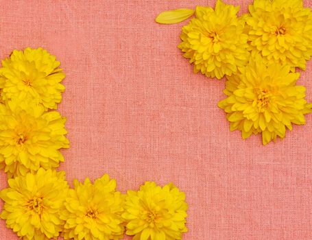 Frame of yellow flowers against a background of pink cloth