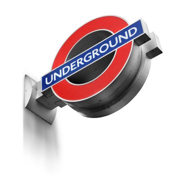 London Underground station sign on the wall, isolated on white background, soft shadow
