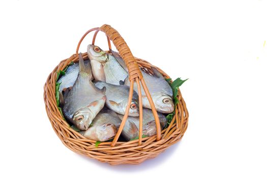 In a small wattled basket there is fish hooked in the river.
It is presented on a white background.