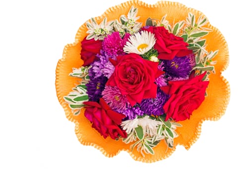 Beautiful bouquet from red roses, camomiles, blue asters in decorative registration. It is presented on a white background.