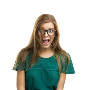 Portrait of a beautiful girl with a surprised expression isolated on white background